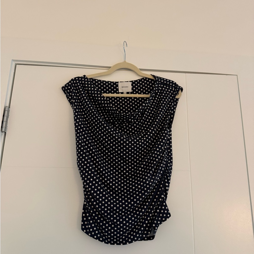Reformation Navy Polka Dot Cowl Neck Top